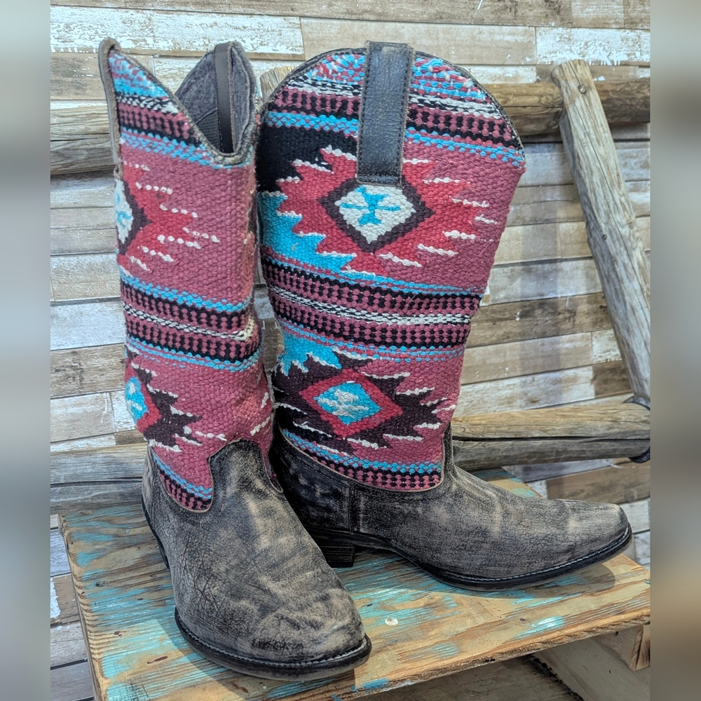 Roper Sioux Rub Off Brown Leather W Aztec Blanket Shaft Vamp Cowboy Boots